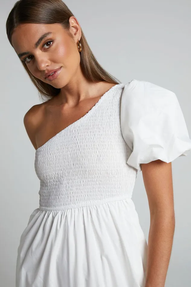 Kennedy Midi Dress 8211 One Shoulder Puff Sleeve Shirred Dress In White Women Showpo Dresses