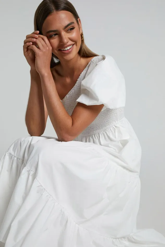 Kennedy Midi Dress 8211 One Shoulder Puff Sleeve Shirred Dress In White Women Showpo Dresses