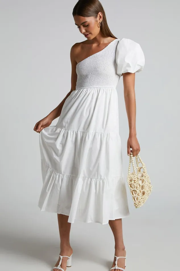 Kennedy Midi Dress 8211 One Shoulder Puff Sleeve Shirred Dress In White Women Showpo Dresses