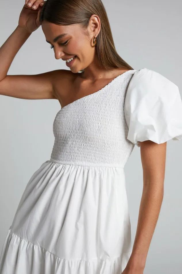 Kennedy Midi Dress 8211 One Shoulder Puff Sleeve Shirred Dress In White Women Showpo Dresses