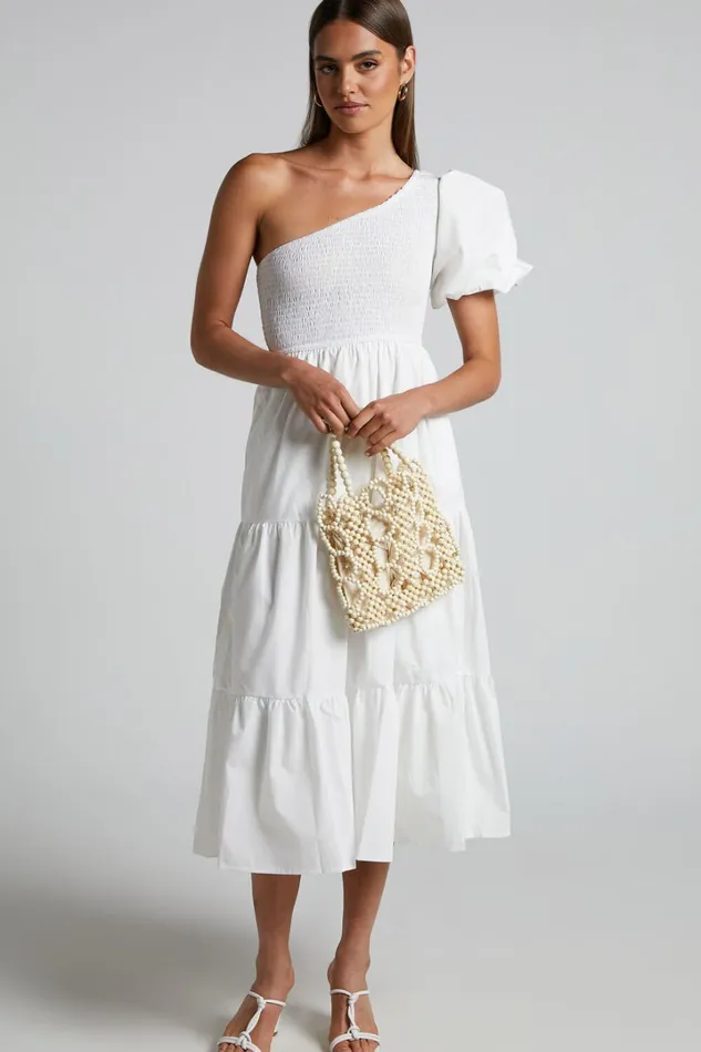 Kennedy Midi Dress 8211 One Shoulder Puff Sleeve Shirred Dress In White Women Showpo Dresses