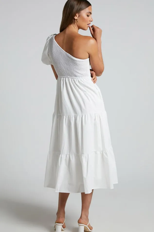 Kennedy Midi Dress 8211 One Shoulder Puff Sleeve Shirred Dress In White Women Showpo Dresses