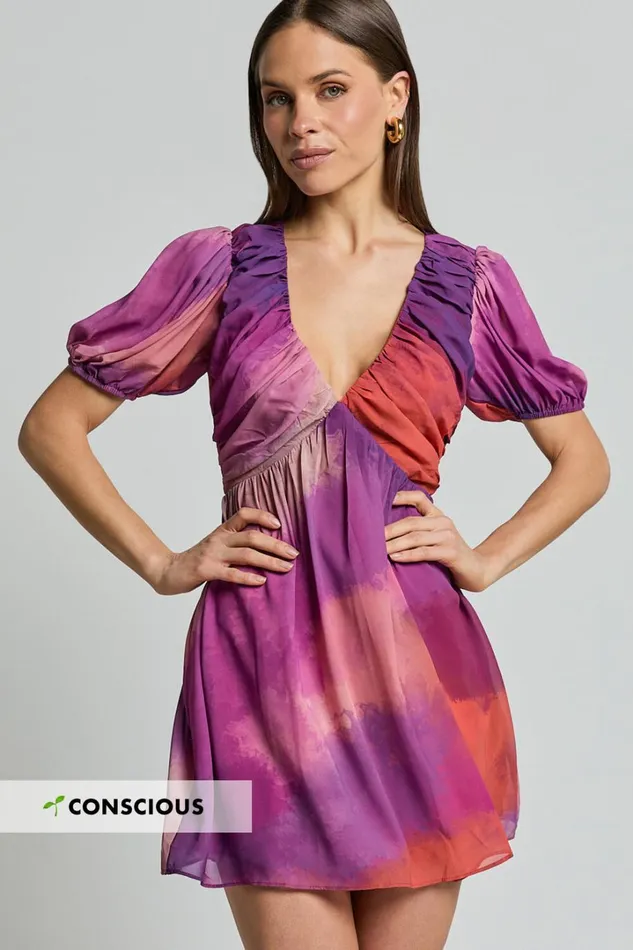 Kennedy Mini Dress 8211 Recycled Polyester V Neck Puff Sleeve Dress In Coral Mirage Print Women Showpo Conscious Kennedy Mini Dress 8211 Recycled Polyester V Neck Puff Sleeve Dress In Coral Mirage Print Women Showpo Conscious