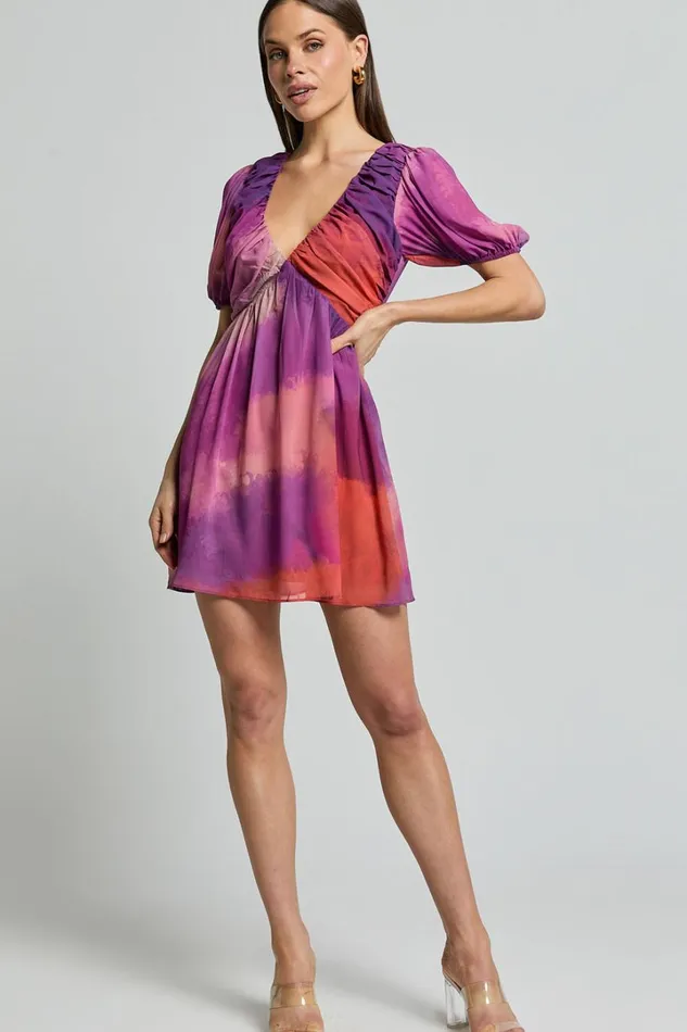 Kennedy Mini Dress 8211 Recycled Polyester V Neck Puff Sleeve Dress In Coral Mirage Print Women Showpo Conscious