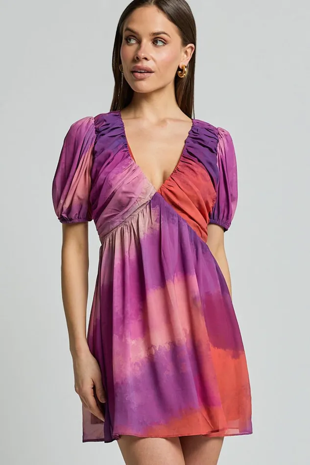 Kennedy Mini Dress 8211 Recycled Polyester V Neck Puff Sleeve Dress In Coral Mirage Print Women Showpo Conscious