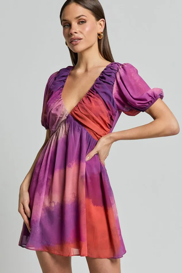 Kennedy Mini Dress 8211 Recycled Polyester V Neck Puff Sleeve Dress In Coral Mirage Print Women Showpo Conscious