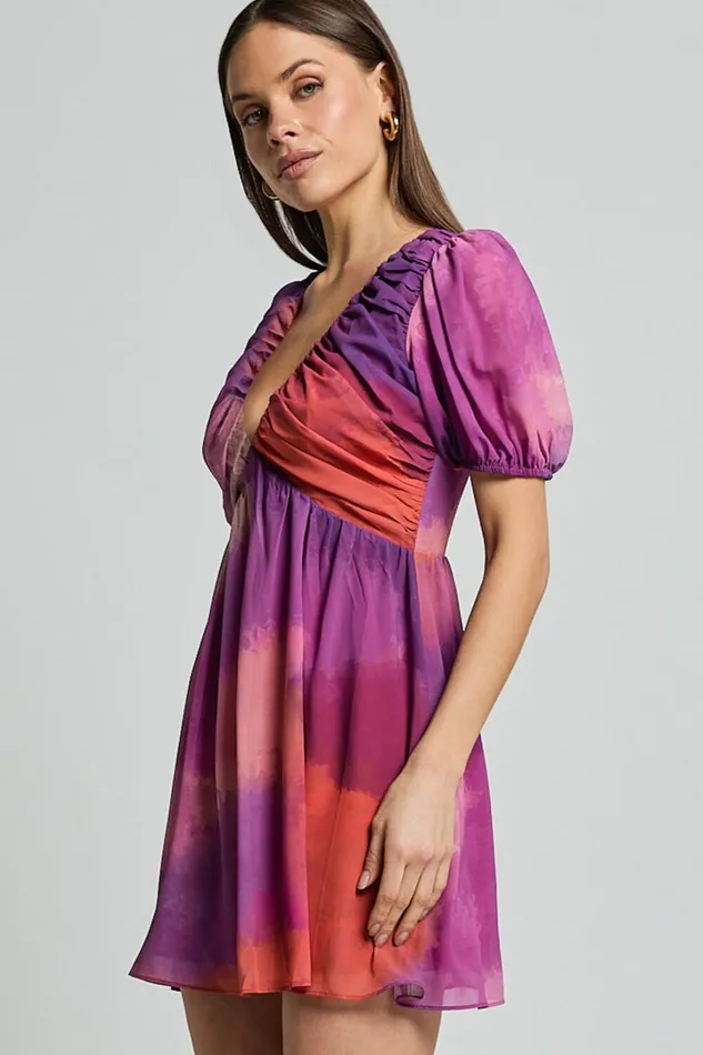 Kennedy Mini Dress 8211 Recycled Polyester V Neck Puff Sleeve Dress In Coral Mirage Print Women Showpo Conscious