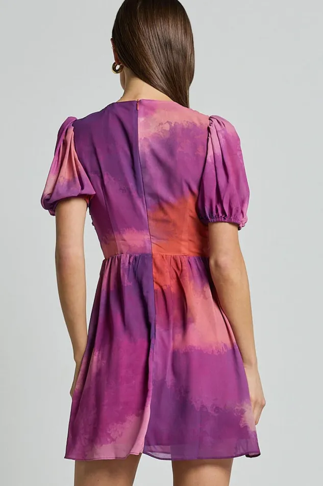 Kennedy Mini Dress 8211 Recycled Polyester V Neck Puff Sleeve Dress In Coral Mirage Print Women Showpo Conscious
