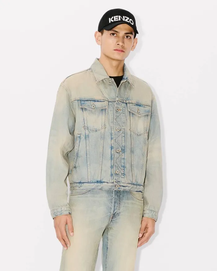 Kenzo Jackets And Coats Men Drawn Varsity039 Denim Trucker Jacket Stone Bl Dirty Blue Denim