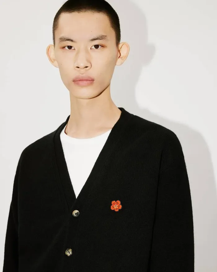 Kenzo Knitwear Men 039Boke Flower039 Embroidered Woollen Cardigan Black