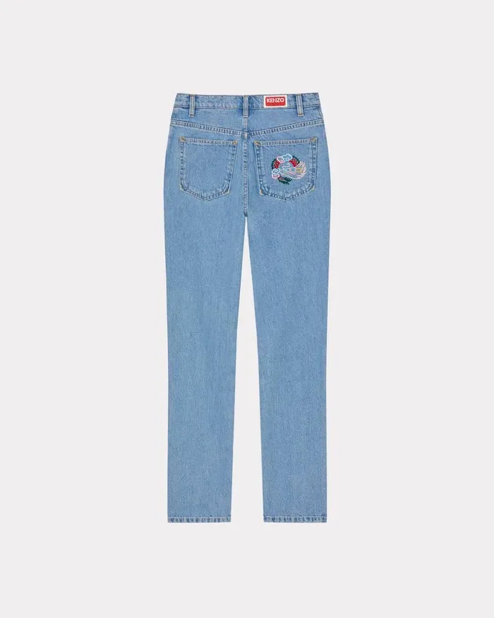 Kenzo Pants And Shorts Women 039Year Of The Dragon039 Cropped Embroidered ASAGAO Jeans Stone Bleached Blue Denim