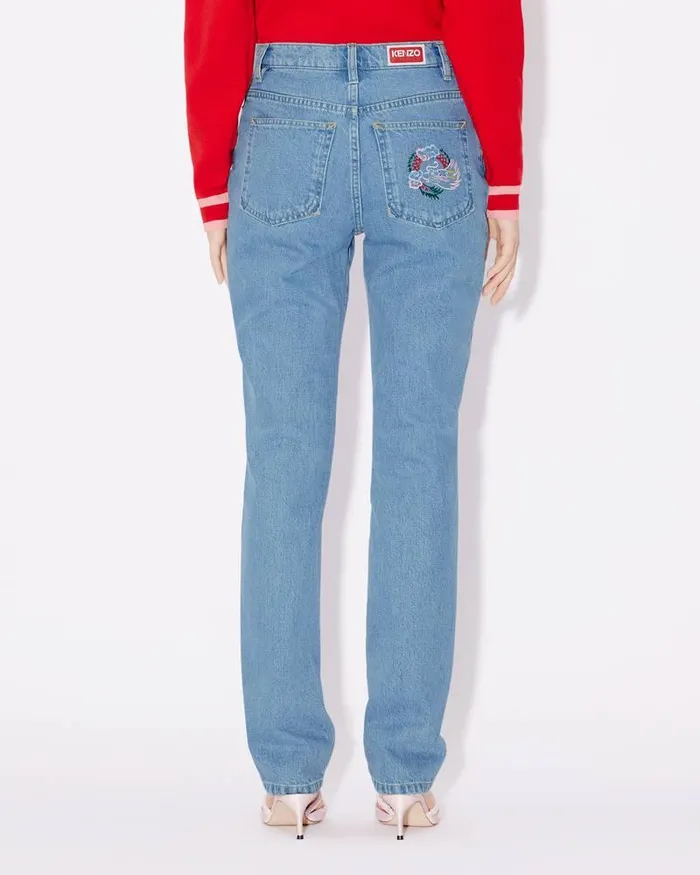 Kenzo Pants And Shorts Women 039Year Of The Dragon039 Cropped Embroidered ASAGAO Jeans Stone Bleached Blue Denim
