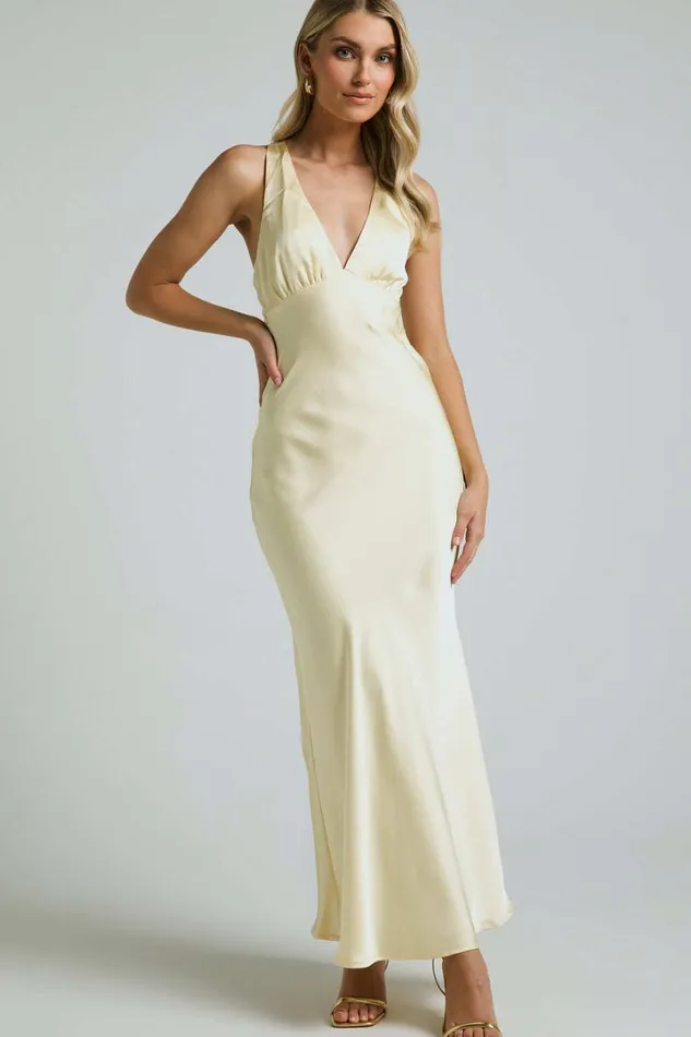 Khalani Midi Dress 8211 Deep V Neck Satin Slip Dress In Butter Yellow Women Showpo Curve Clothes