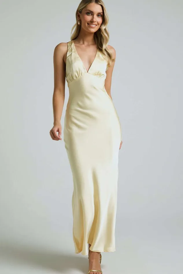Khalani Midi Dress 8211 Deep V Neck Satin Slip Dress In Butter Yellow Women Showpo Curve Clothes
