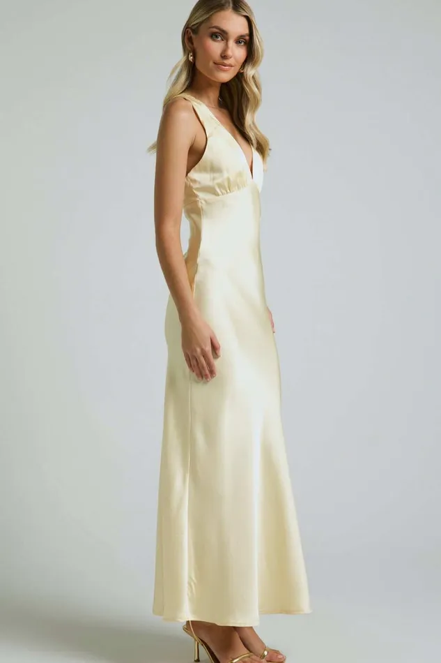 Khalani Midi Dress 8211 Deep V Neck Satin Slip Dress In Butter Yellow Women Showpo Curve Clothes