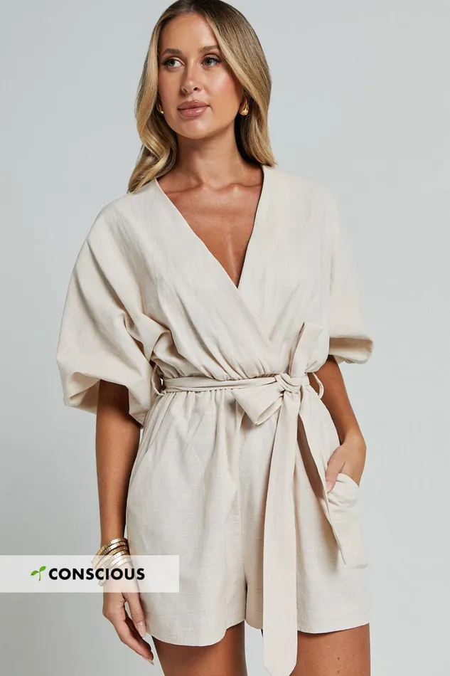 Kiro Playsuit 8211 Linen Look V Neck Puff Sleeve Tie Waist Playsuit In Biscuit Women Showpo Rompers Kiro Playsuit 8211 Linen Look V Neck Puff Sleeve Tie Waist Playsuit In Biscuit Women Showpo Rompers