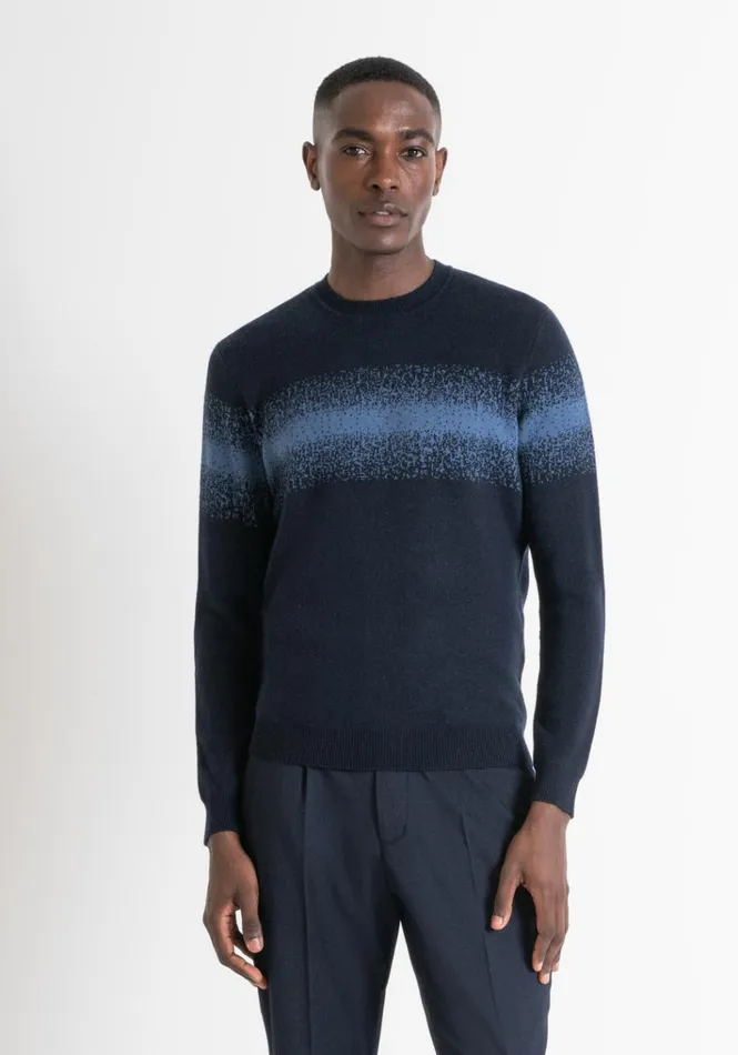 Knitwear Men Antony Morato Regular Fit Sweater In Merino Wool Blend With Bands Blue Ink Knitwear Men Antony Morato Regular Fit Sweater In Merino Wool Blend With Bands Blue Ink