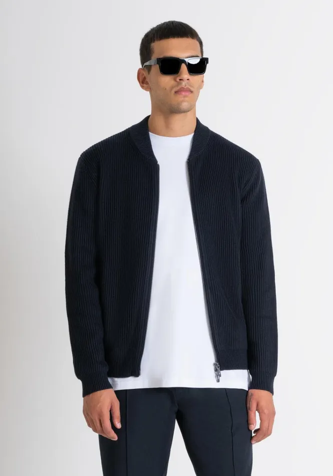 Knitwear Men Antony Morato Regular Fit Sweater With Zip In Blue Worked Wool Blend Blue Ink Knitwear Men Antony Morato Regular Fit Sweater With Zip In Blue Worked Wool Blend Blue Ink
