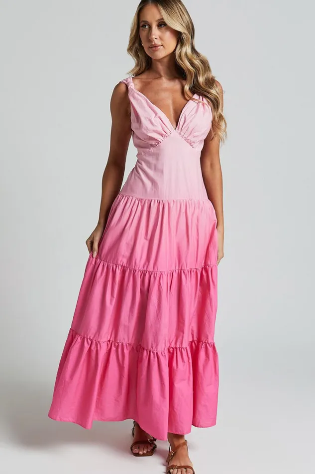 Kolton Midi Dress 8211 Deep V Neck Tiered Dress In Pink Ombre Women Showpo Dresses