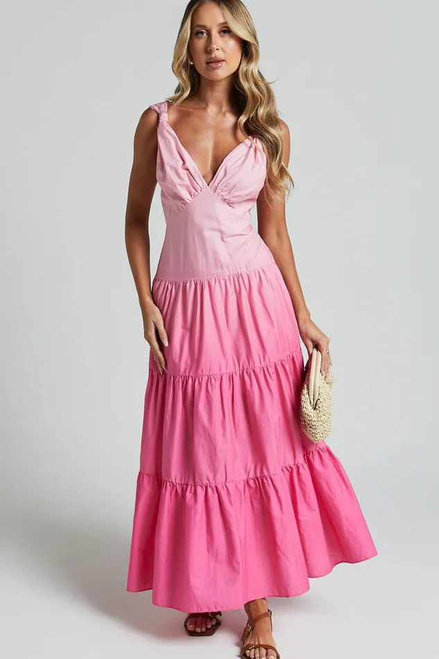 Kolton Midi Dress 8211 Deep V Neck Tiered Dress In Pink Ombre Women Showpo Dresses
