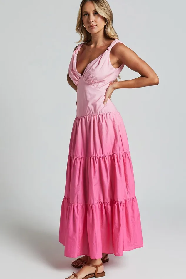 Kolton Midi Dress 8211 Deep V Neck Tiered Dress In Pink Ombre Women Showpo Dresses