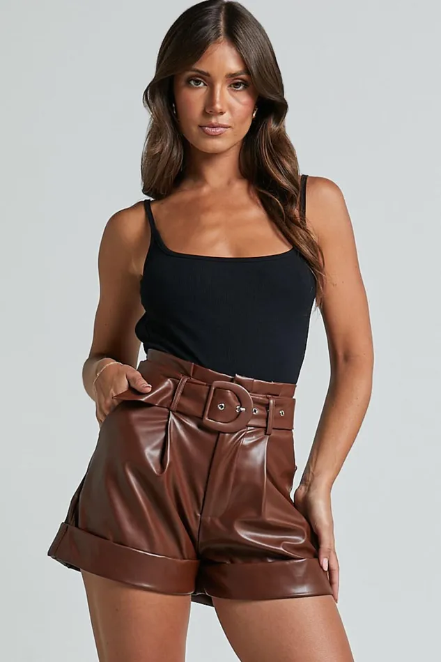 Kori Shorts 8211 Faux Leather Tailored Shorts With Belt In Chocolate Women Showpo Shorts