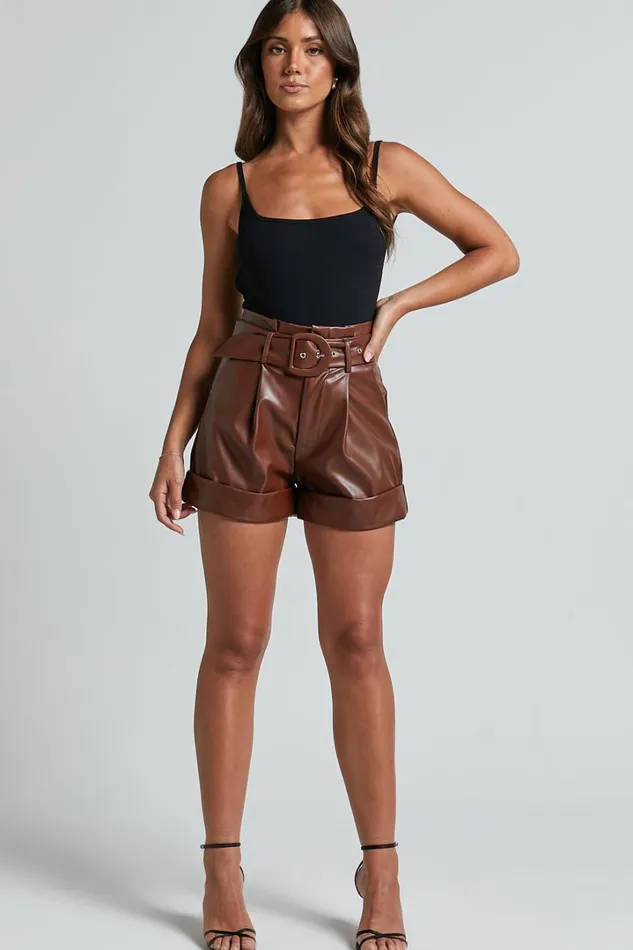 Kori Shorts 8211 Faux Leather Tailored Shorts With Belt In Chocolate Women Showpo Shorts