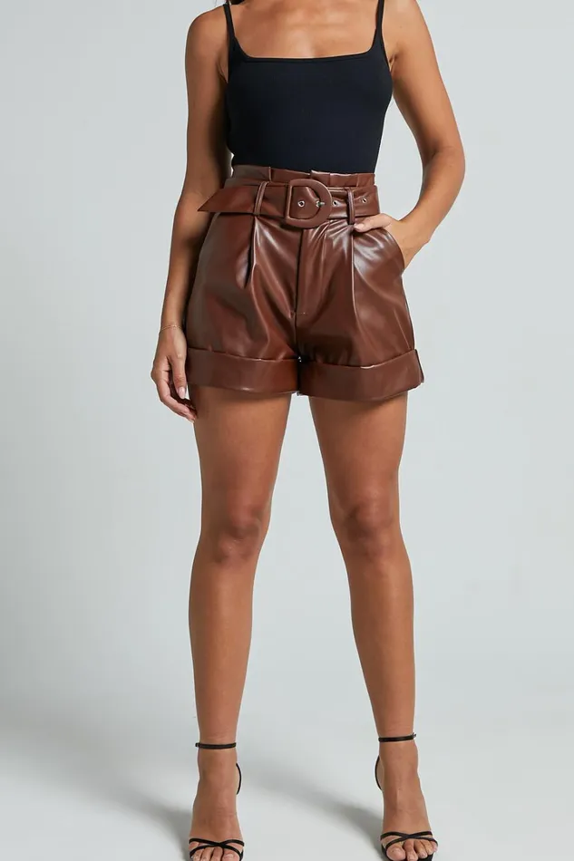 Kori Shorts 8211 Faux Leather Tailored Shorts With Belt In Chocolate Women Showpo Shorts