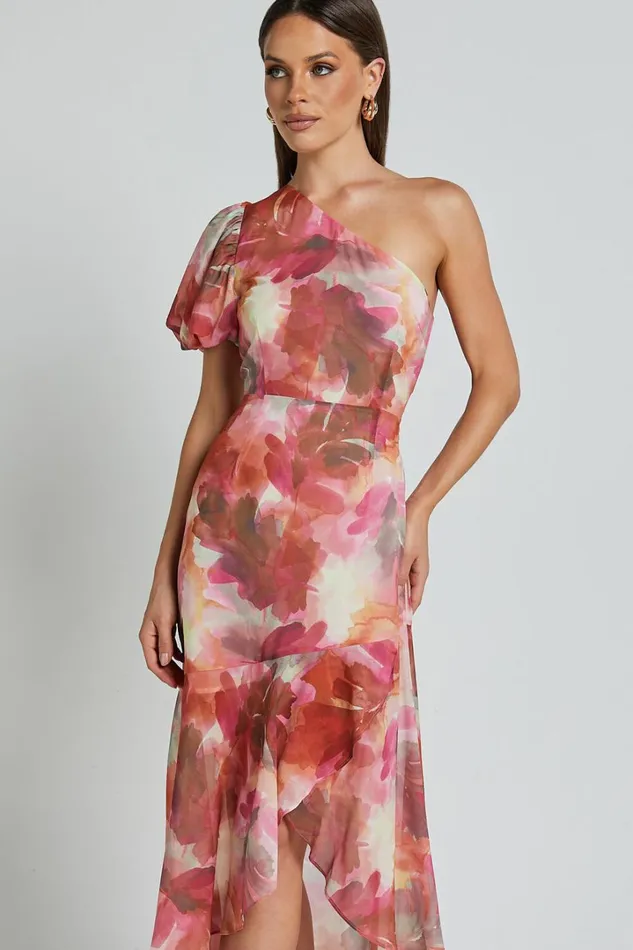 Labelle Midi Dress 8211 Recycled Polyester One Shoulder Asymmetric Dress In Haze Floral Women Showpo Dresses