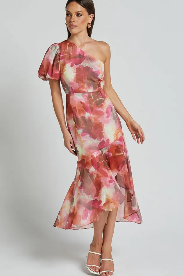 Labelle Midi Dress 8211 Recycled Polyester One Shoulder Asymmetric Dress In Haze Floral Women Showpo Dresses
