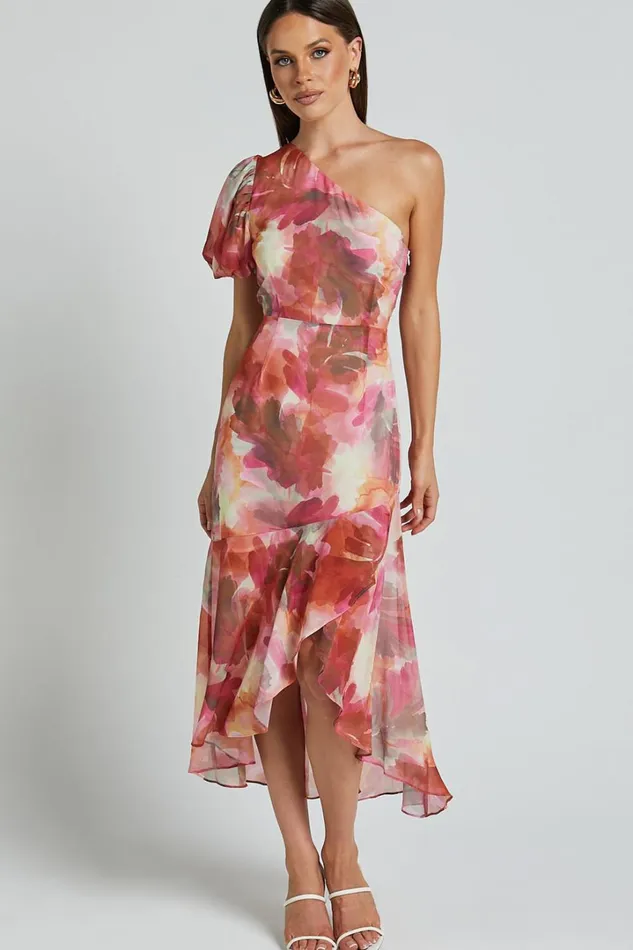 Labelle Midi Dress 8211 Recycled Polyester One Shoulder Asymmetric Dress In Haze Floral Women Showpo Dresses