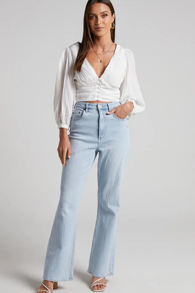 Lancey Top 8211 Long Sleeve Plunge Crop Top In White Women Showpo Tops