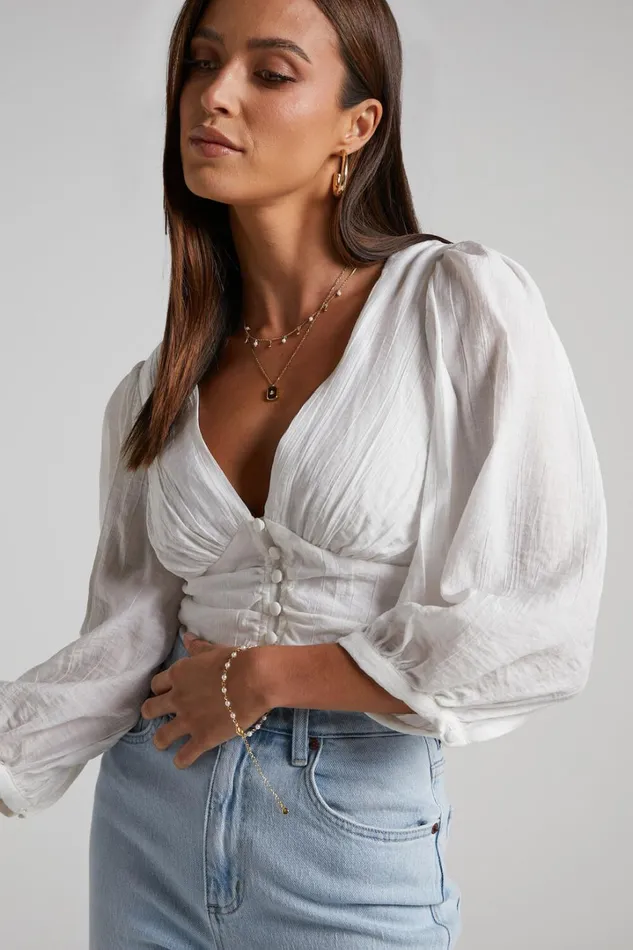 Lancey Top 8211 Long Sleeve Plunge Crop Top In White Women Showpo Tops
