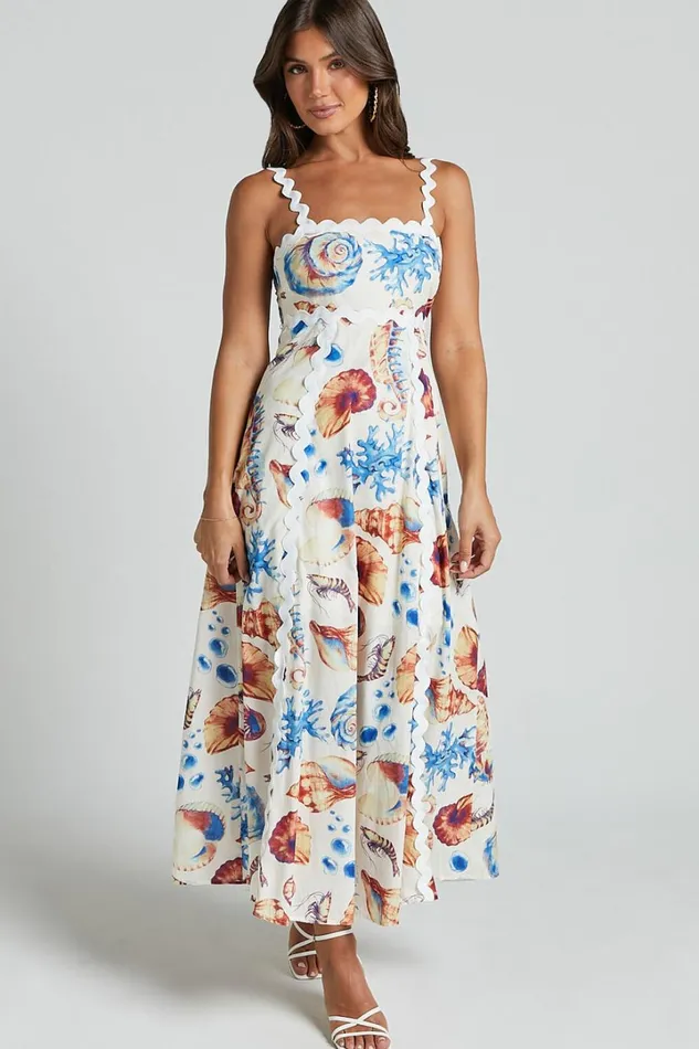 Lani Maxi Dress 8211 Wavy Strap And Neck A Line Dress In Blue And Yellow Print Women Showpo Dresses Lani Maxi Dress 8211 Wavy Strap And Neck A Line Dress In Blue And Yellow Print Women Showpo Dresses
