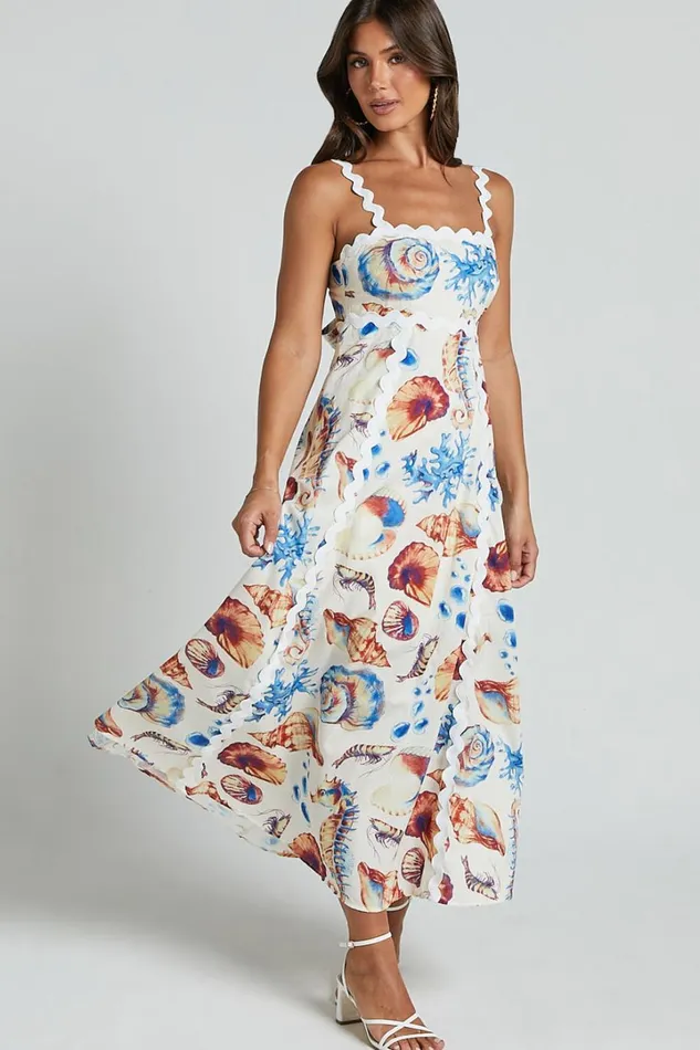 Lani Maxi Dress 8211 Wavy Strap And Neck A Line Dress In Blue And Yellow Print Women Showpo Dresses