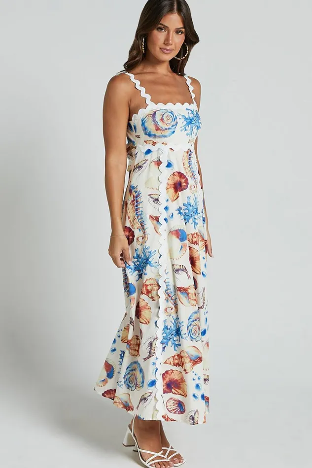 Lani Maxi Dress 8211 Wavy Strap And Neck A Line Dress In Blue And Yellow Print Women Showpo Dresses
