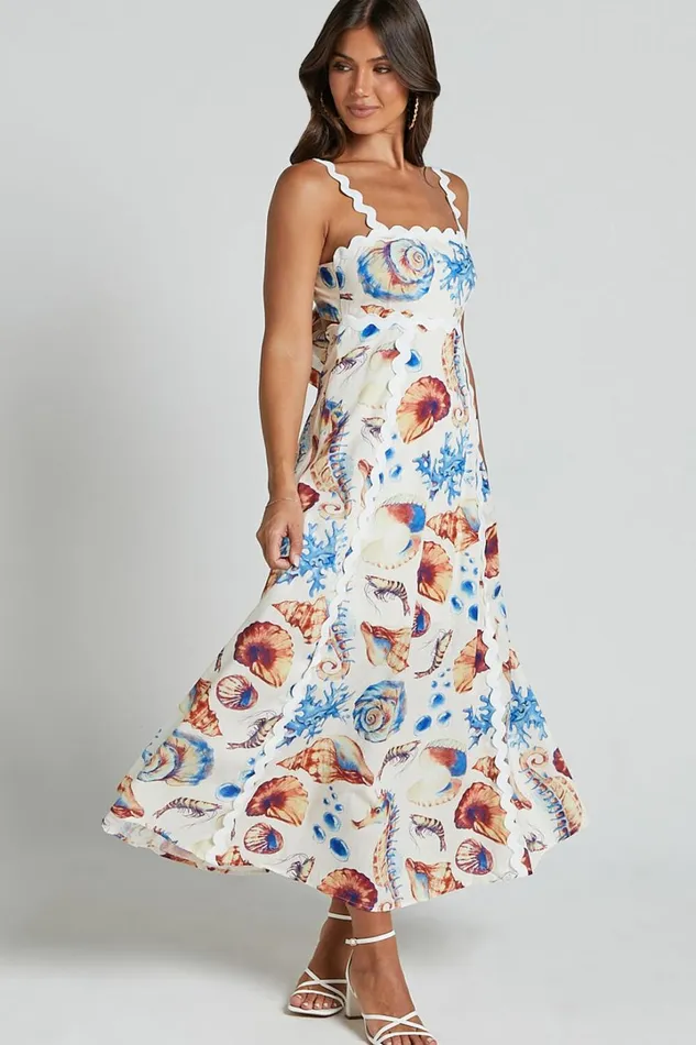 Lani Maxi Dress 8211 Wavy Strap And Neck A Line Dress In Blue And Yellow Print Women Showpo Dresses