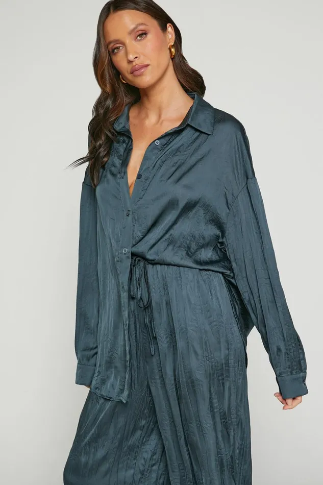 Lazzy Top 8211 Long Sleve Crinkle Shirt In Petrol Women Showpo Tops