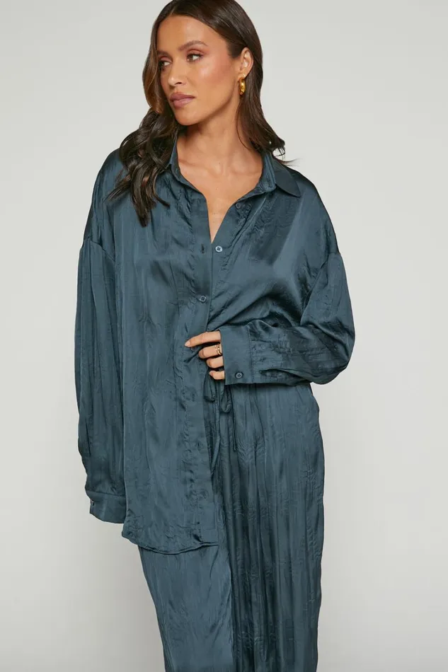 Lazzy Top 8211 Long Sleve Crinkle Shirt In Petrol Women Showpo Tops