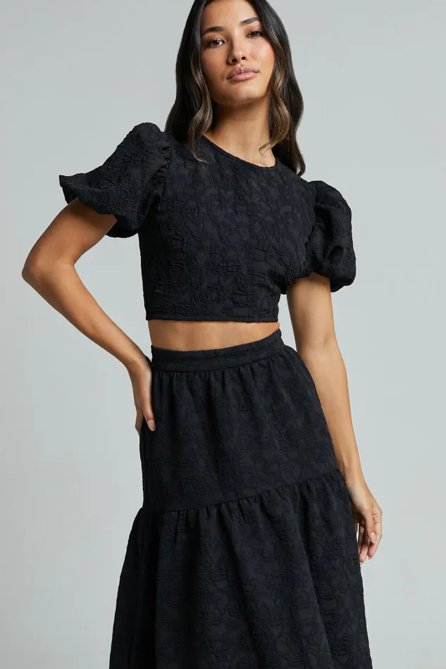 Leila Two Piece Set 8211 Puff Sleeve Top And Midi Skirt Set In Black Women Showpo Curve Clothes