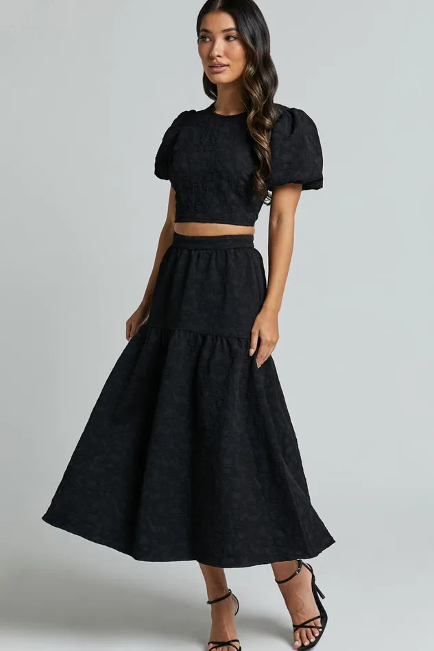 Leila Two Piece Set 8211 Puff Sleeve Top And Midi Skirt Set In Black Women Showpo Curve Clothes