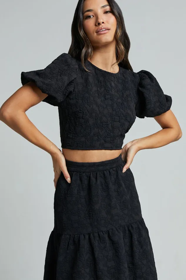 Leila Two Piece Set 8211 Puff Sleeve Top And Midi Skirt Set In Black Women Showpo Curve Clothes