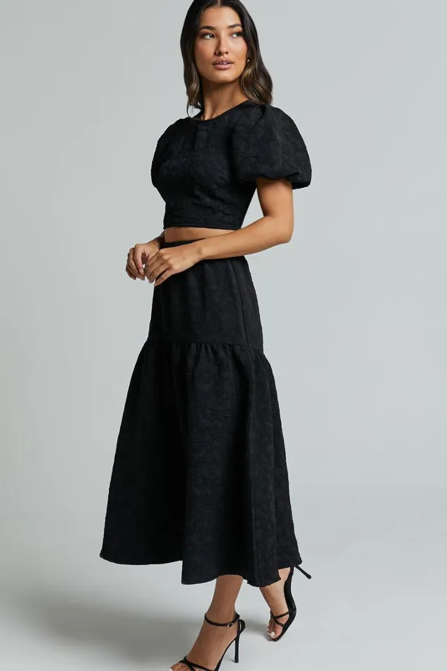 Leila Two Piece Set 8211 Puff Sleeve Top And Midi Skirt Set In Black Women Showpo Curve Clothes