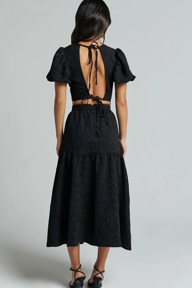Leila Two Piece Set 8211 Puff Sleeve Top And Midi Skirt Set In Black Women Showpo Curve Clothes