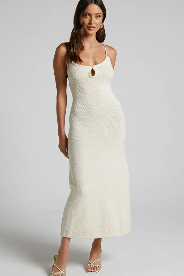 Leira Midi Dress 8211 Keyhole Detail Low Back Knit Dress In Natural Women Showpo Dresses