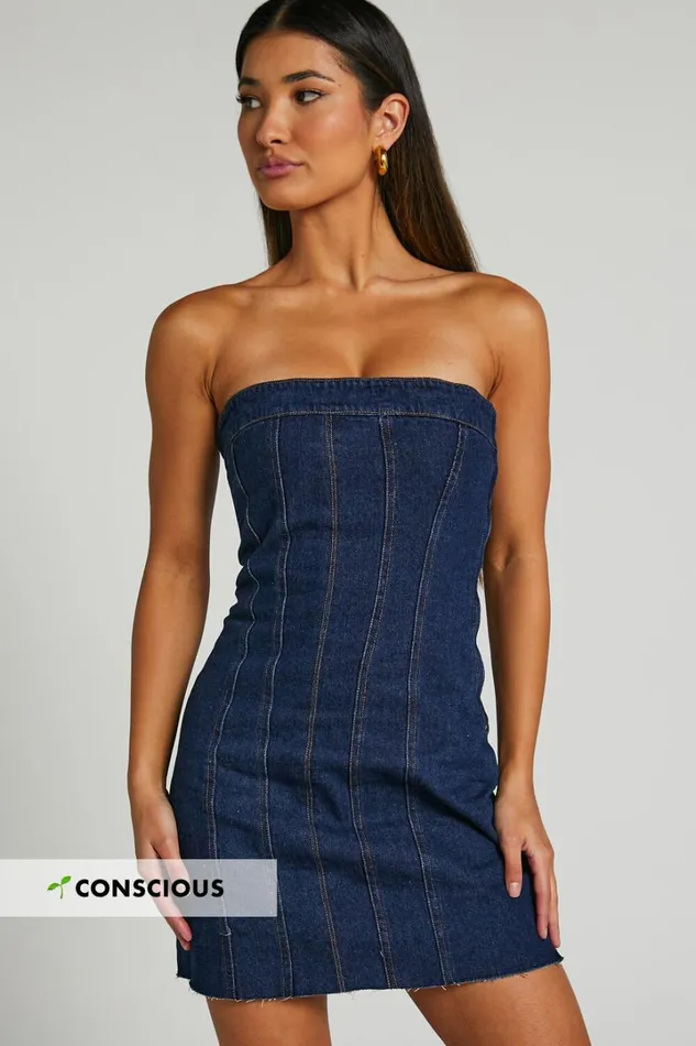 Lennox Mini Dress 8211 Strapless Pannelled Dress In INDIGO BLUE Women Showpo Denim