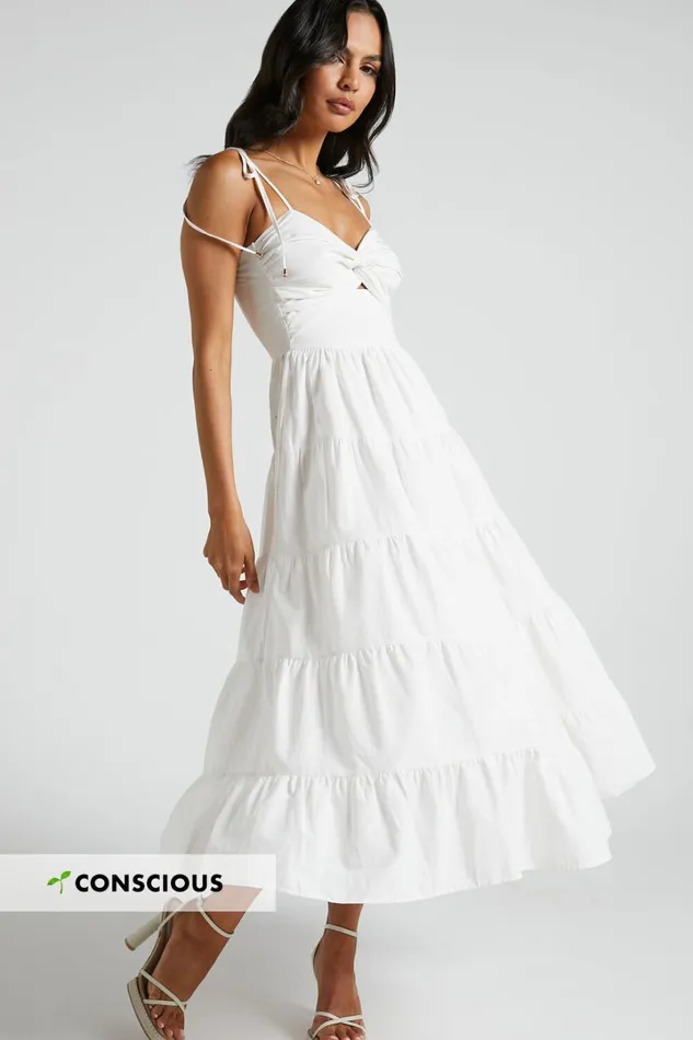 Leticia Midi Dress 8211 Twist Front Tie Strap Tiered Dress In Off White Women Showpo Conscious Leticia Midi Dress 8211 Twist Front Tie Strap Tiered Dress In Off White Women Showpo Conscious