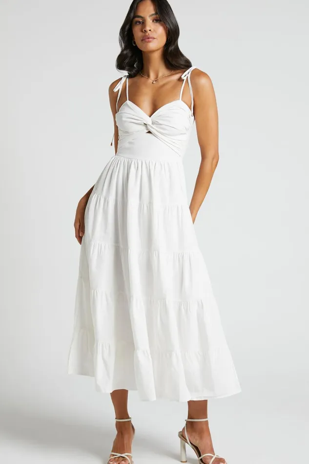 Leticia Midi Dress 8211 Twist Front Tie Strap Tiered Dress In Off White Women Showpo Conscious