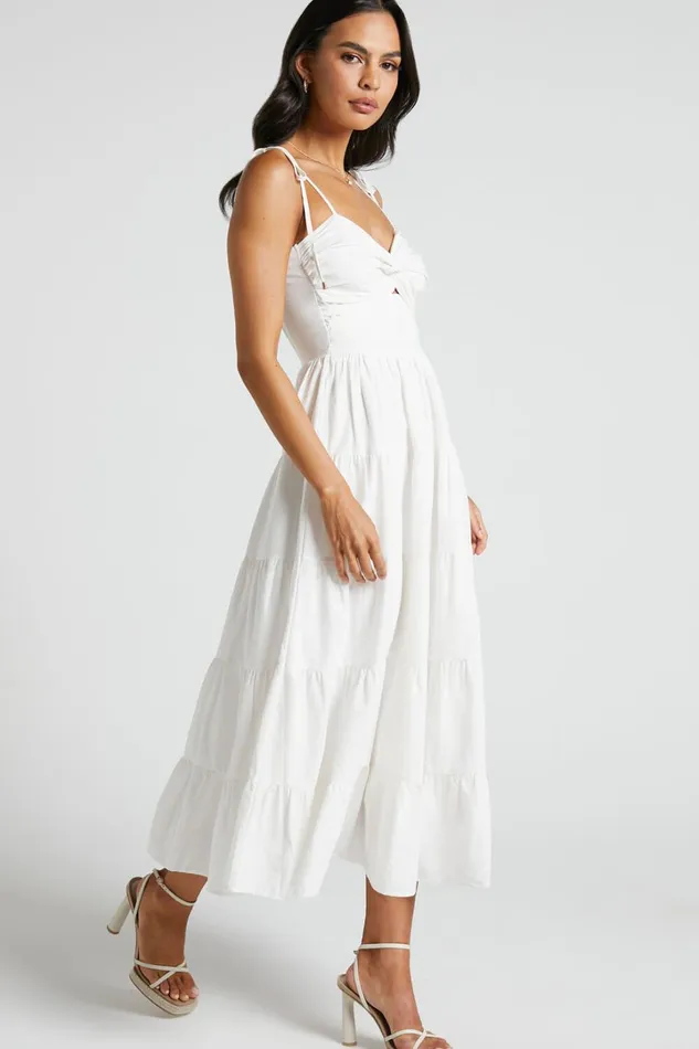 Leticia Midi Dress 8211 Twist Front Tie Strap Tiered Dress In Off White Women Showpo Conscious