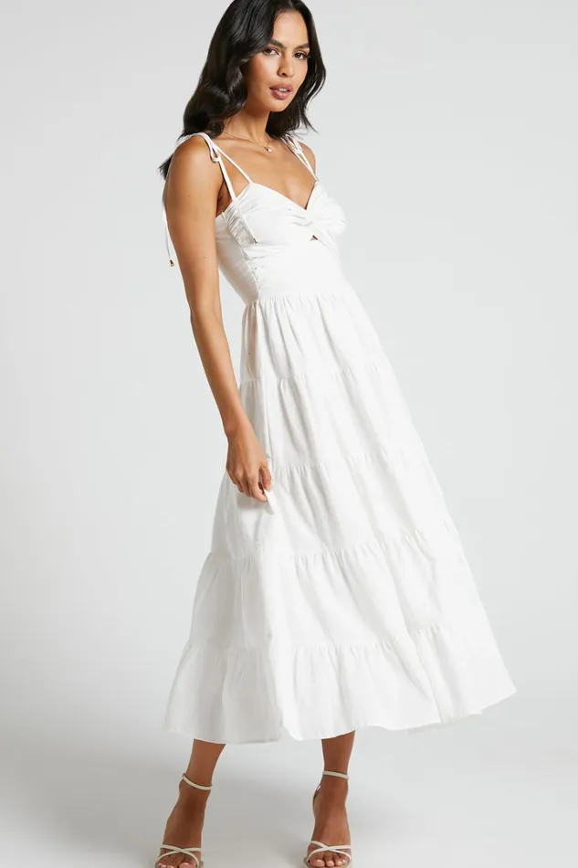 Leticia Midi Dress 8211 Twist Front Tie Strap Tiered Dress In Off White Women Showpo Conscious